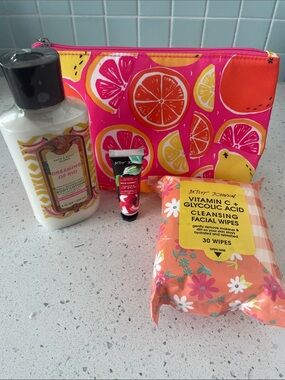 Bundle -Clinique Makeup bag, BBW lotion, Betsey Johnson face wipes, and lip balm